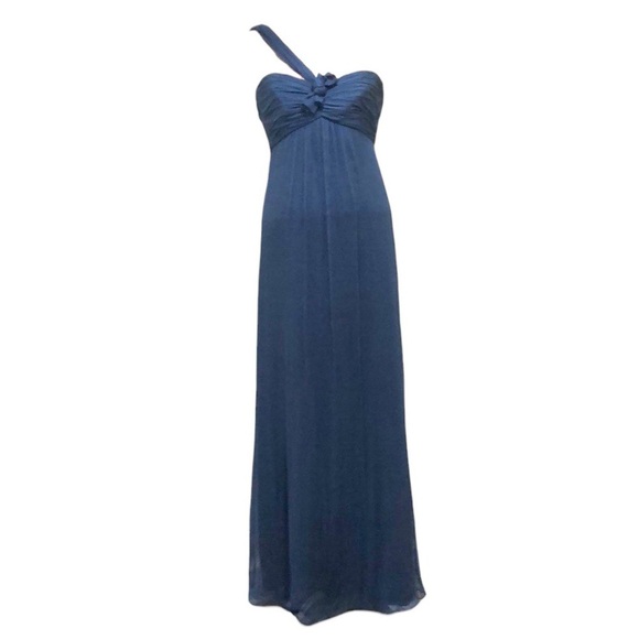Amsale Formal Maxi Dress Size 2 Navy Blue Rosette Silk One Shoulder Gown - Picture 1 of 8